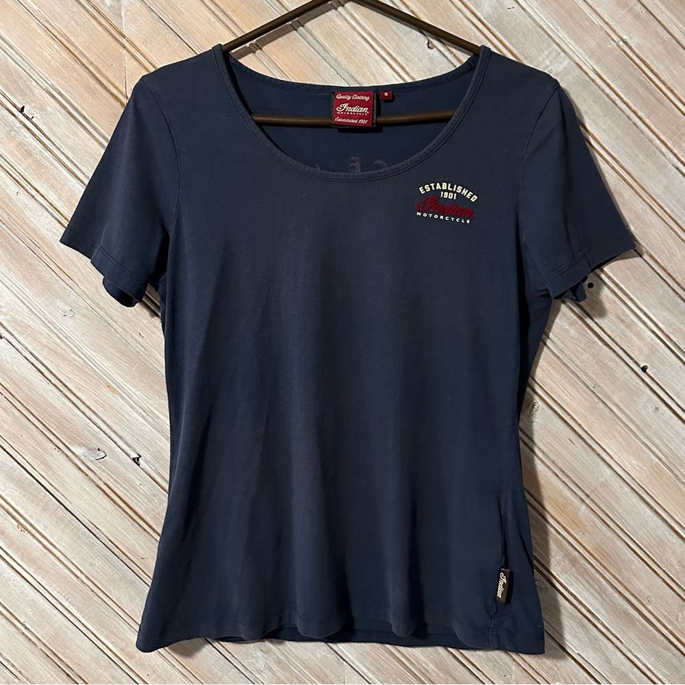 Vintage Indian Motorcycle Scoop Neck Logo Embossed T Shirt Riding Gear Retro